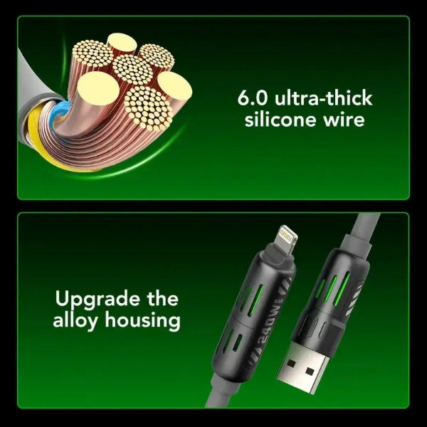 USB cable with 6.0 ultra-thick silicone wire and alloy housing on a green background