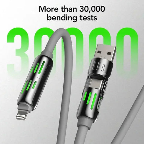 USB cable with connectors on a gray background with '30,000' in green.
