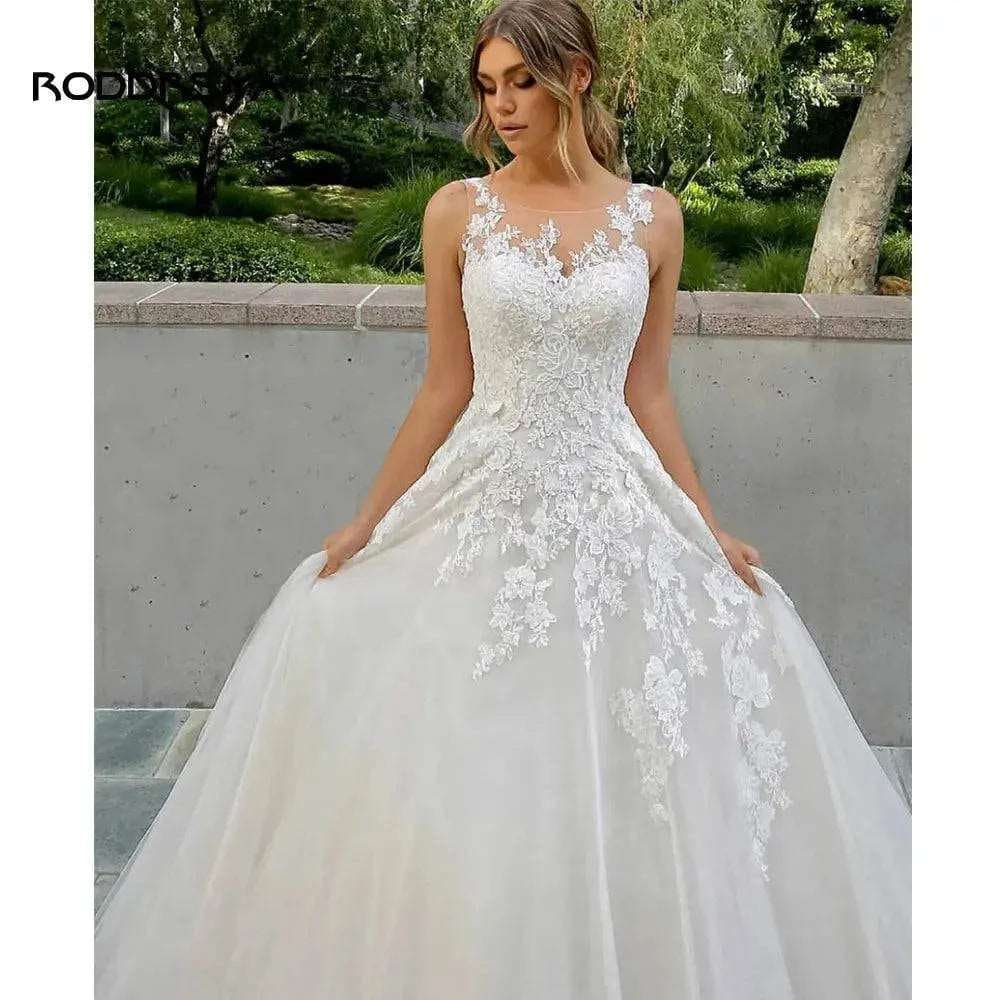 A-Line Wedding Dress – Elegant Boho Lace Bridal Gown with Illusion Back