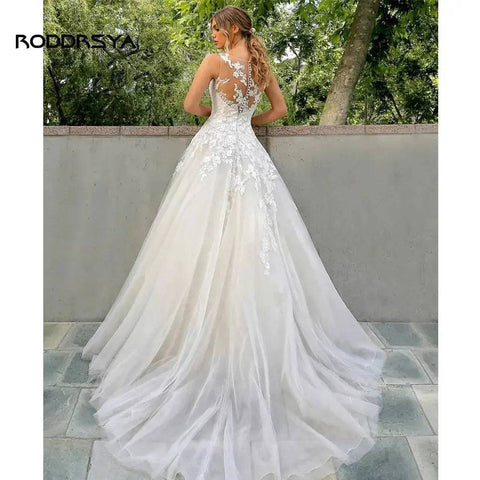 A-Line Wedding Dress – Elegant Boho Lace Bridal Gown with Illusion Back