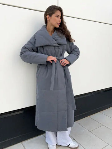 Fashion Large Lapel Long Coat Winter Warm Cotton Jacket for Women - Dark Grey / L