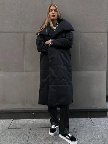 Fashion Large Lapel Long Coat Winter Warm Cotton Jacket for Women - Black / L