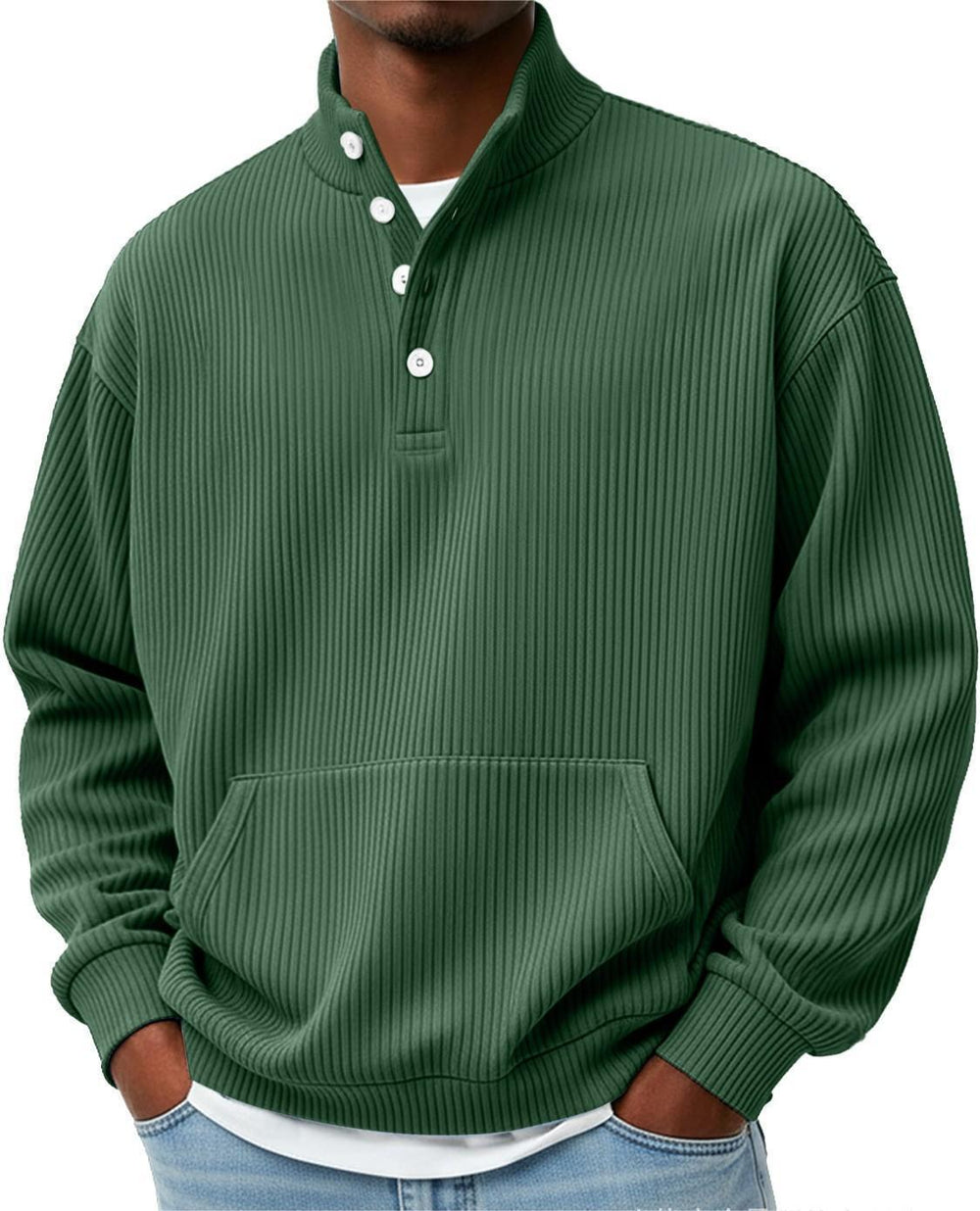 Mens Solid-Color Turtleneck Casual Long-Sleeve Polo Sweatshirt With Pockets For Men Spring Autumn Clothing Loose Button