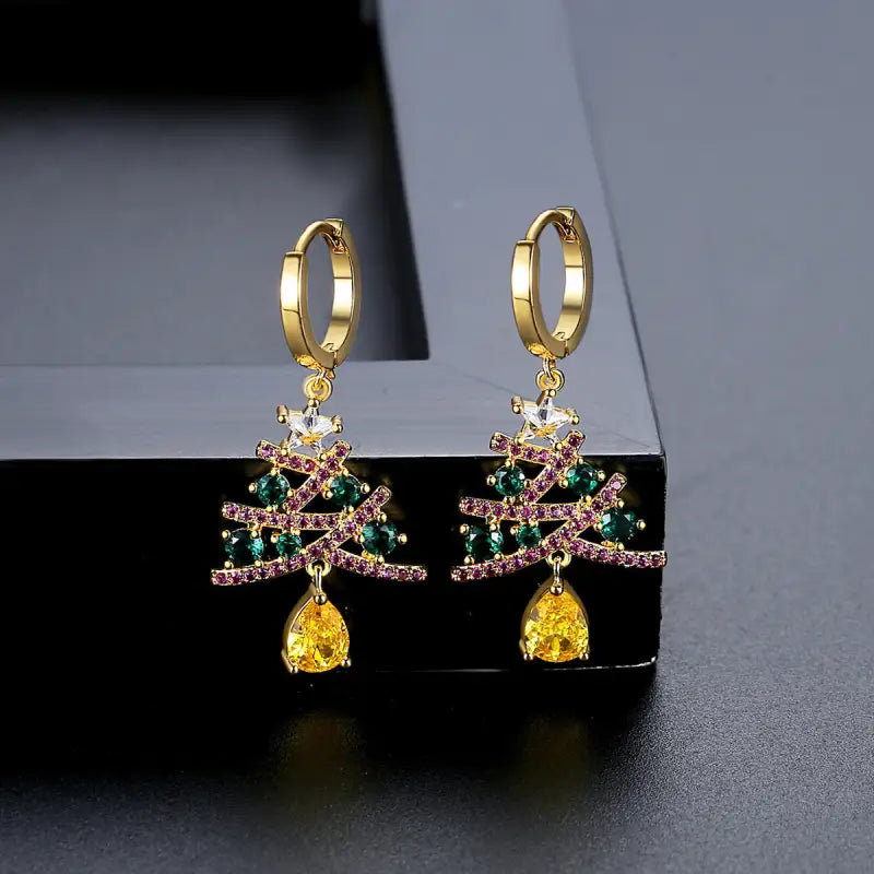 Christmas Tree Rhinestone Earrings for Shining Women’s Jewelry - Gold