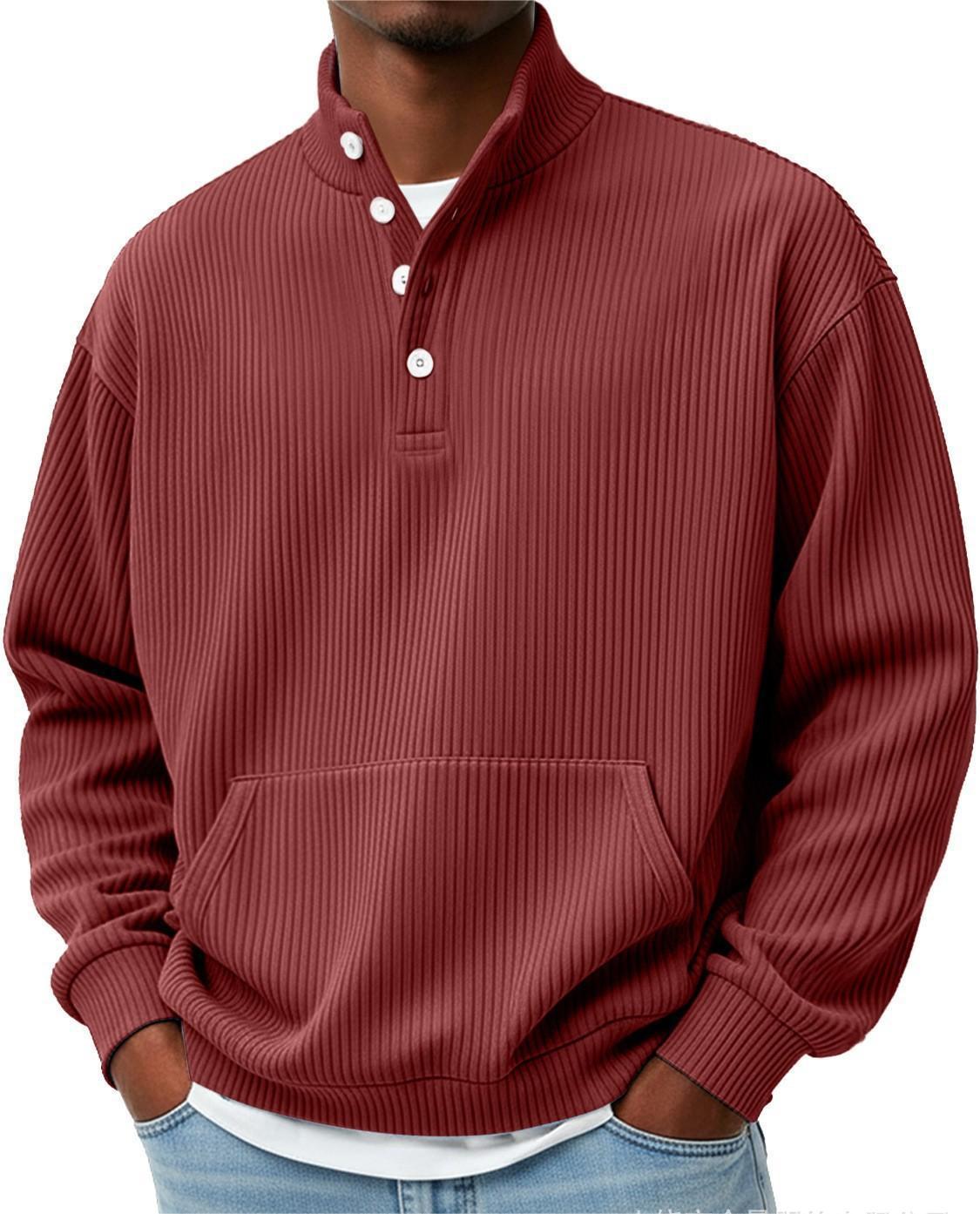Mens Solid-Color Turtleneck Casual Long-Sleeve Polo Sweatshirt With Pockets For Men Spring Autumn Clothing Loose Button