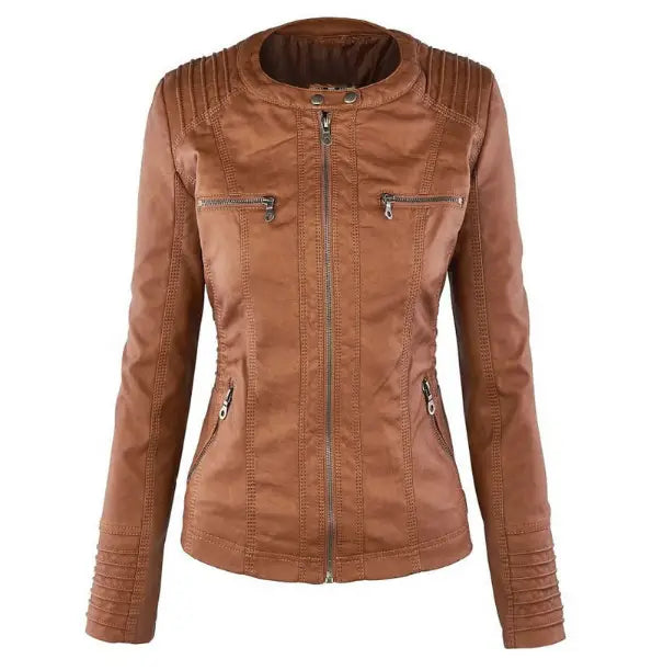 Detachable Hooded Leather Jacket with Pockets – Casual Solid Color Women’s Coat for Autumn & Winter