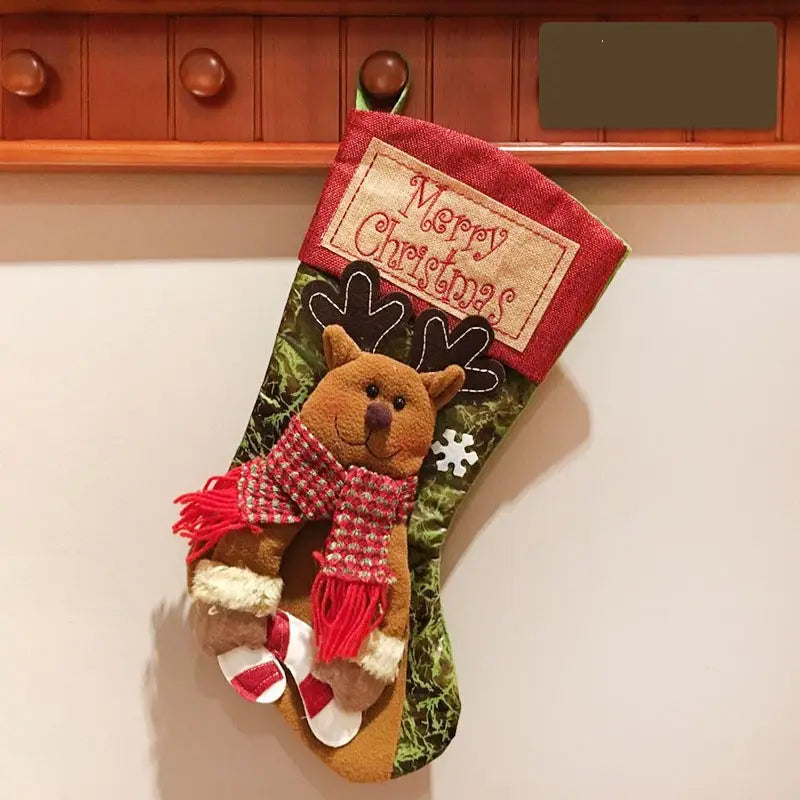 Christmas Stocking Socks with Santa Snowman Elk and Xmas Tree Ornaments