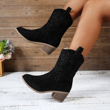 Pointed Toe Western Boots with Retro Embroidery and Rubber Material - Hair Remover