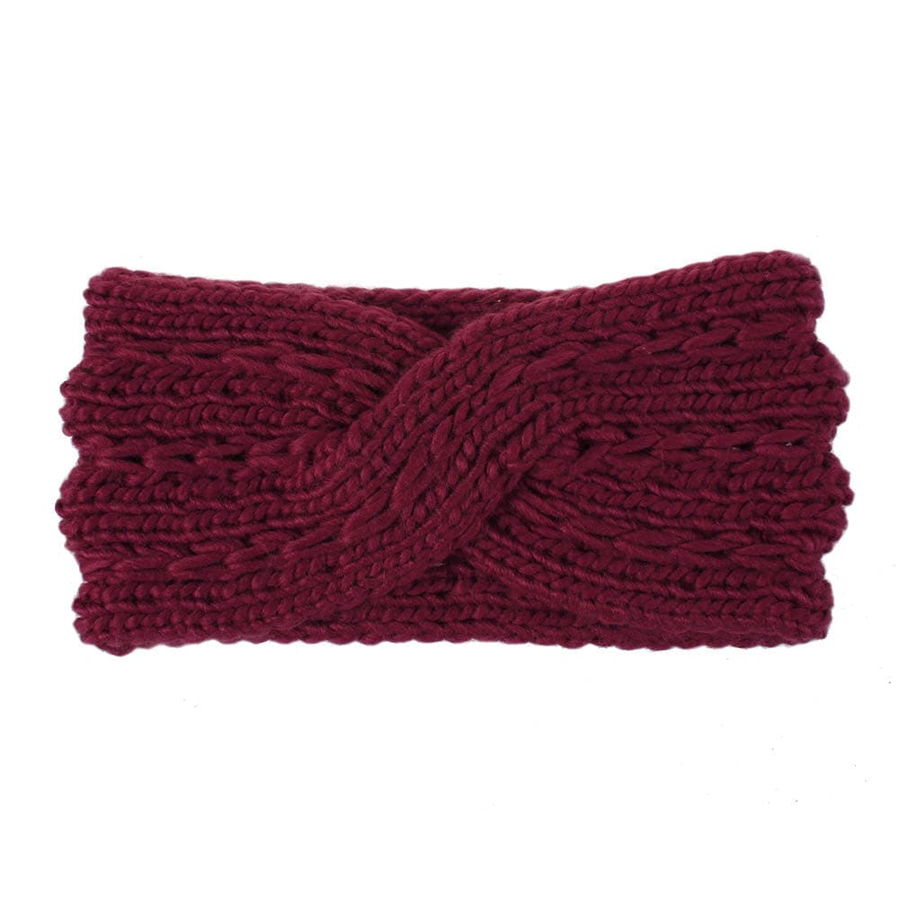 Acrylic Thick Wool Knitted Headband Diagonally Crossed Hair Accessories For Women - Wine Red