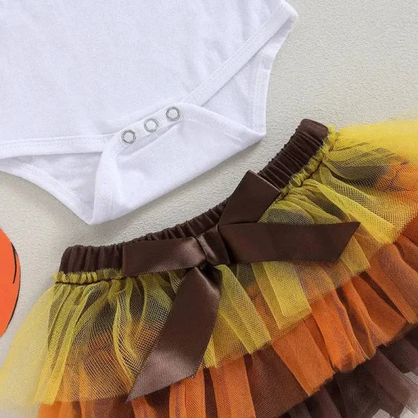 Multi-layered tulle skirt with autumn ruffles and brown satin bow for Thanksgiving baby clothes