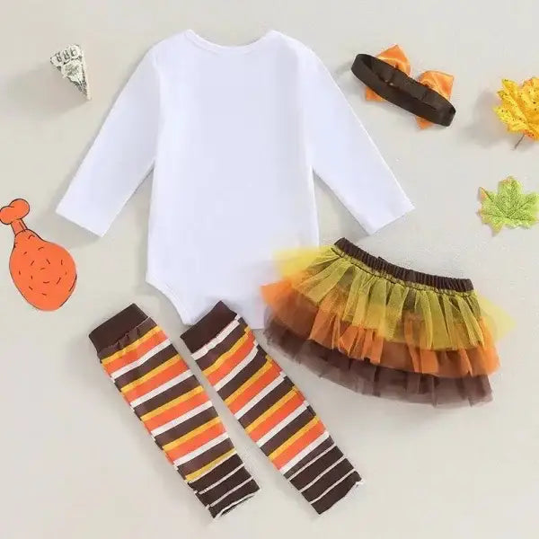 Adorable 4pcs thanksgiving baby clothes set with white onesie, striped leg warmers, and tulle tutu skirt