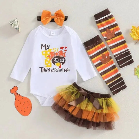 Thanksgiving-themed baby outfit set with raccoon graphic, tutu, leg warmers, and bow