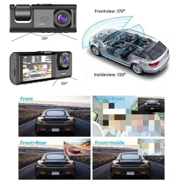 Advanced dash cam with triple cameras car technology featuring front and interior recording
