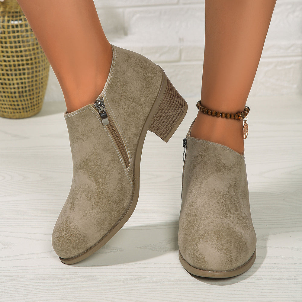 Chunky Heel Round Toe Ankle Boots in Soft Synthetic Material - Khaki / 36.