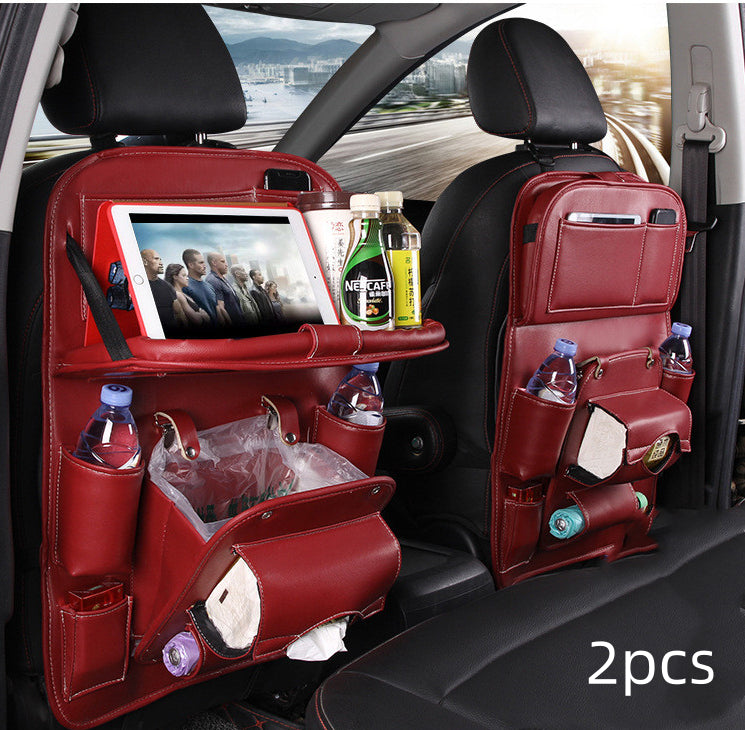 PU Leather Car Storage Hanging Bag with Tissue Box and Tray - Wine red 2pcs