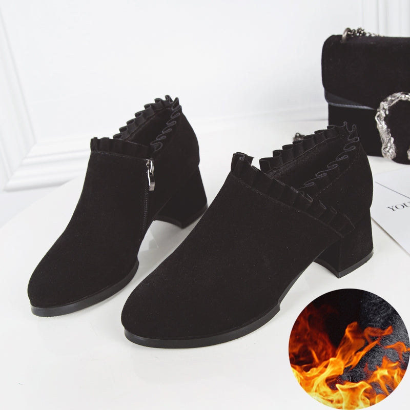 Women High Heel Suede Martin Boots with Side Zipper - Black plus cotton / 35 - Hair Remover