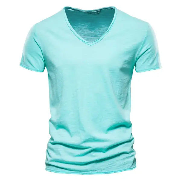 AIOPESON 100% Cotton Men’s T-Shirt – Slim Fit Short Sleeve V-Neck or O-Neck Tee - F037-V-LightGreen / Size XL 72-80kg
