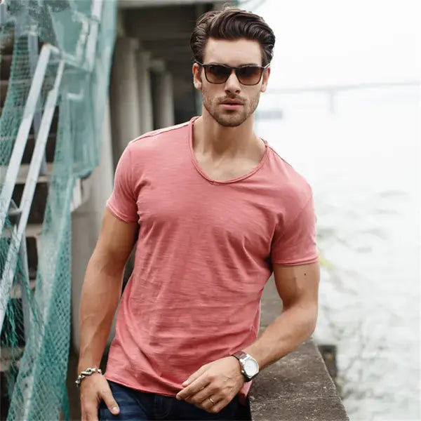 AIOPESON 100% Cotton Men’s T-Shirt – Slim Fit Short Sleeve V-Neck or O-Neck Tee