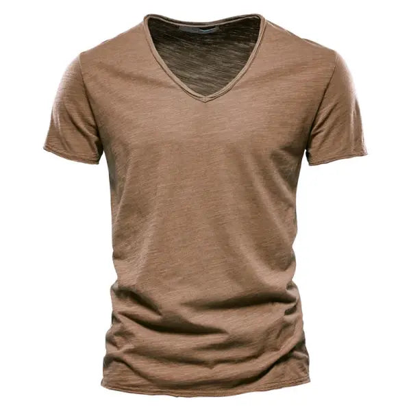 AIOPESON 100% Cotton Men’s T-Shirt – Slim Fit Short Sleeve V-Neck or O-Neck Tee - F037-V-Camel / 4XL