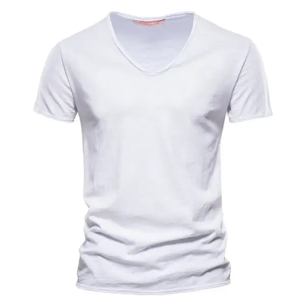 AIOPESON 100% Cotton Men’s T-Shirt – Slim Fit Short Sleeve V-Neck or O-Neck Tee - F037-V-white / Size M 55-65kg