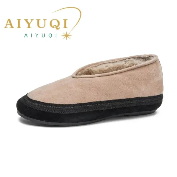Women’s Winter Ballet Flats: Genuine Leather Snow Shoes with Warm Fur Lining - beige / 43 / CHINA