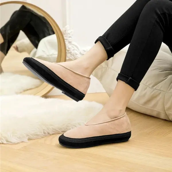 Women’s Winter Ballet Flats: Genuine Leather Snow Shoes with Warm Fur Lining