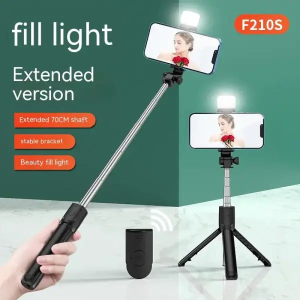 Selfie Stick Tripod with Wireless Remote Lightweight Plastic Portable Design - Black (With Light)