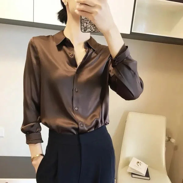 All-Match Satin Finish Shirts & Blouses for Women – Elegant Long Sleeve Casual Tops - Himpall