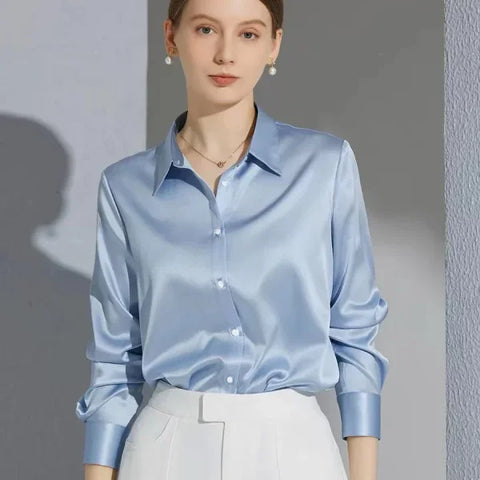 All-Match Satin Finish Shirts & Blouses for Women – Elegant Long Sleeve Casual Tops - Himpall