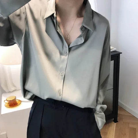 All-Match Satin Finish Shirts & Blouses for Women – Elegant Long Sleeve Casual Tops - Himpall