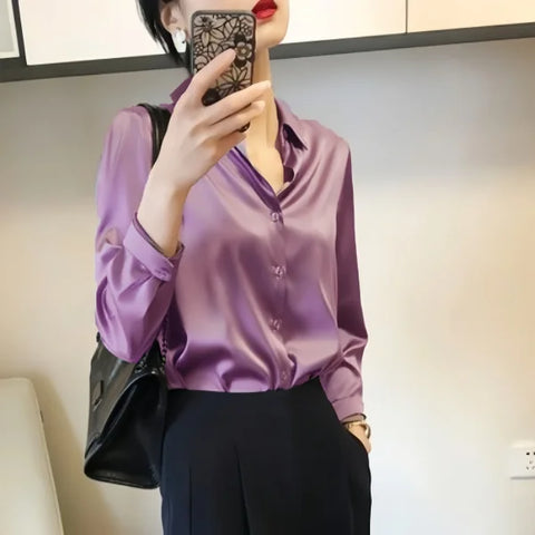 All-Match Satin Finish Shirts & Blouses for Women – Elegant Long Sleeve Casual Tops - Himpall