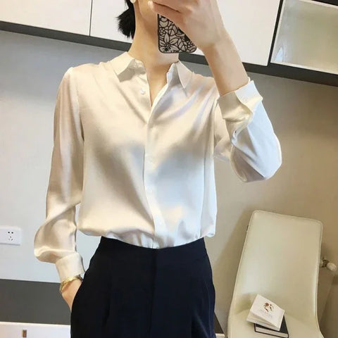 All-Match Satin Finish Shirts & Blouses for Women – Elegant Long Sleeve Casual Tops - Himpall
