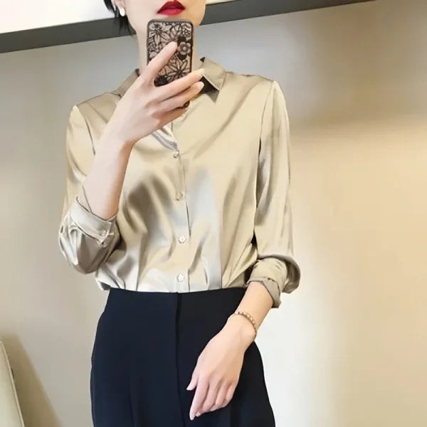 All-Match Satin Finish Shirts & Blouses for Women – Elegant Long Sleeve Casual Tops - Himpall