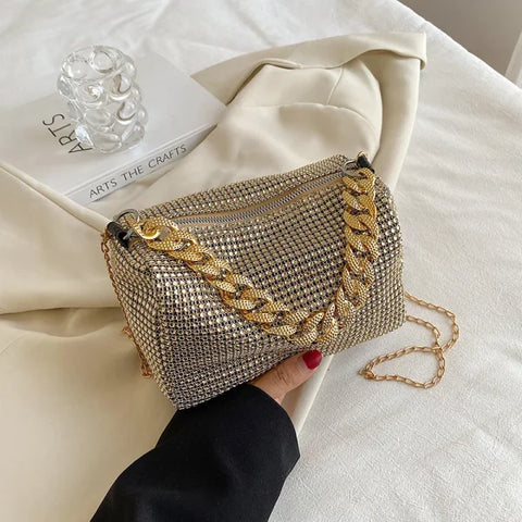 Allover Rhinestone Bucket Bag – Women’s Glitter Mini Prom Purse - Gold