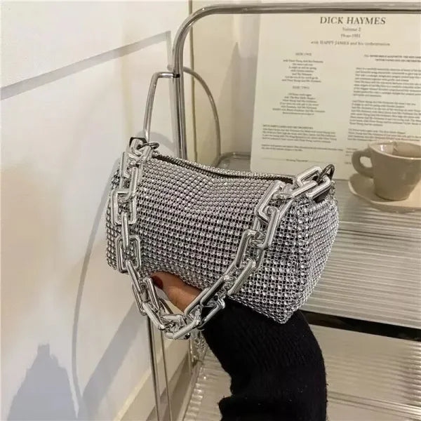 Allover Rhinestone Bucket Bag – Women’s Glitter Mini Prom Purse - Silver