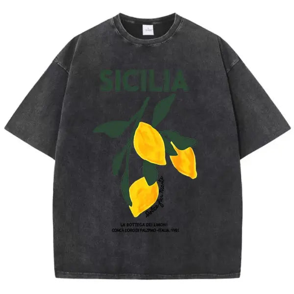 Amalfi Coast Lemon Print T-Shirt – Women’s Washed Y2K Casual Cotton Loose Short Sleeve Top - Black / S / CHINA
