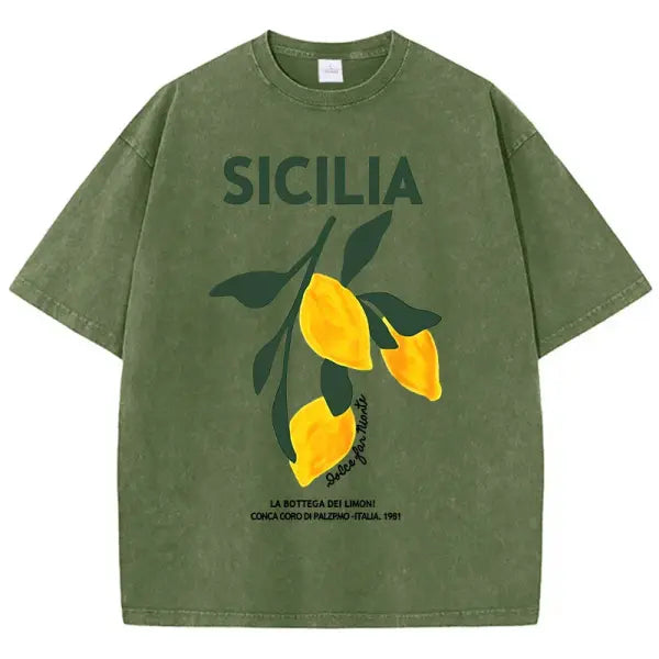 Amalfi Coast Lemon Print T-Shirt – Women’s Washed Y2K Casual Cotton Loose Short Sleeve Top - Dark Green / S / CHINA