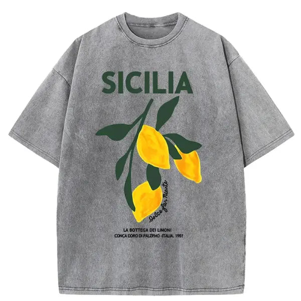 Amalfi Coast Lemon Print T-Shirt – Women’s Washed Y2K Casual Cotton Loose Short Sleeve Top - Gray / L / CHINA