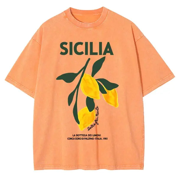 Amalfi Coast Lemon Print T-Shirt – Women’s Washed Y2K Casual Cotton Loose Short Sleeve Top - Orange / M / CHINA