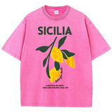 Amalfi Coast Lemon Print T-Shirt – Women’s Washed Y2K Casual Cotton Loose Short Sleeve Top - Rose Red / XXL / CHINA
