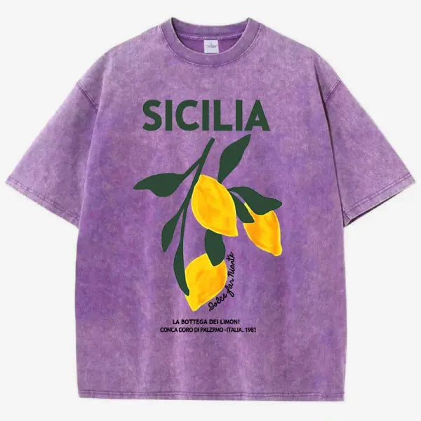 Amalfi Coast Lemon Print T-Shirt – Women’s Washed Y2K Casual Cotton Loose Short Sleeve Top - Purple / L / CHINA