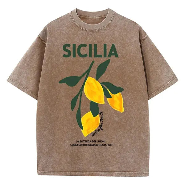Amalfi Coast Lemon Print T-Shirt – Women’s Washed Y2K Casual Cotton Loose Short Sleeve Top - Brown / L / CHINA