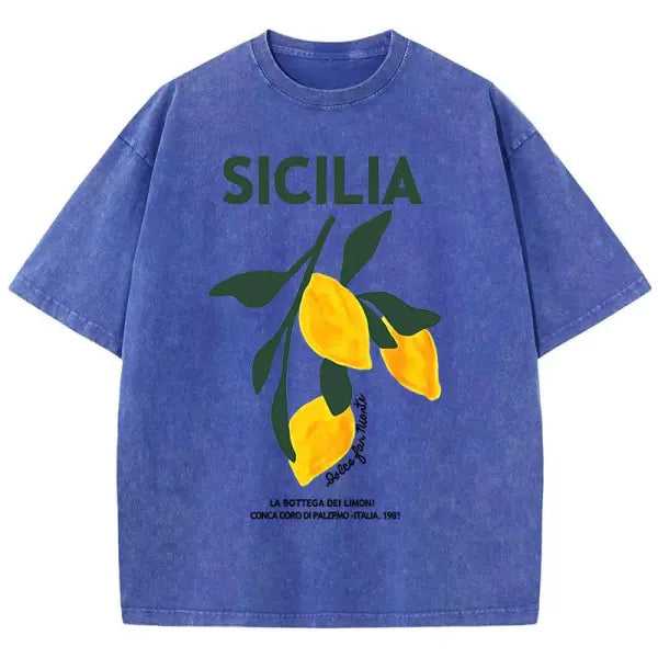 Amalfi Coast Lemon Print T-Shirt – Women’s Washed Y2K Casual Cotton Loose Short Sleeve Top - Blue / L / CHINA