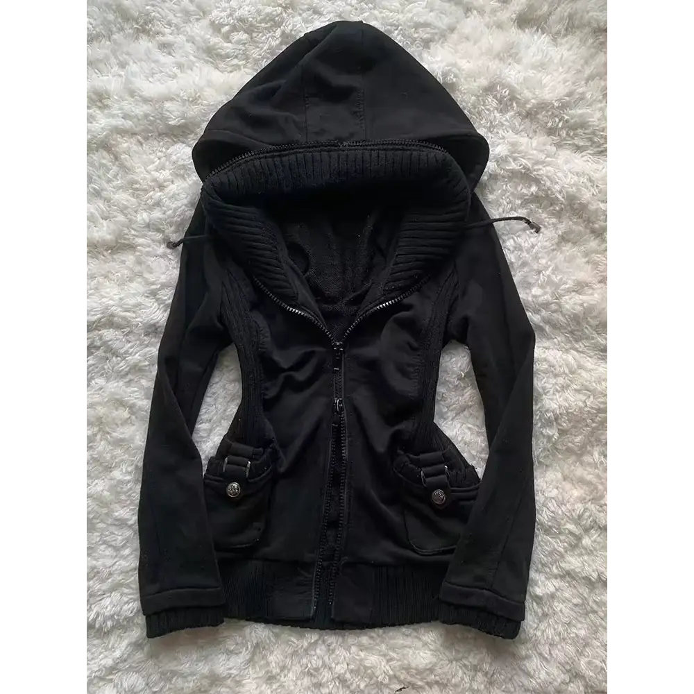 American Harajuku Retro Black Zipper Hoodie Womens Gothic Collar Long Sleeve Folded Hoodie Fashion Hip Hop Winter