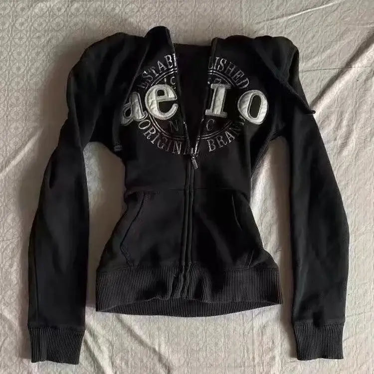 American Harajuku Retro Black Zipper Hoodie Womens Gothic Collar Long Sleeve Folded Hoodie Fashion Hip Hop Winter