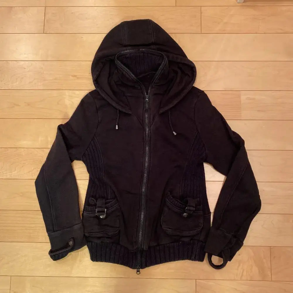 American Harajuku Retro Black Zipper Hoodie Womens Gothic Collar Long Sleeve Folded Hoodie Fashion Hip Hop Winter