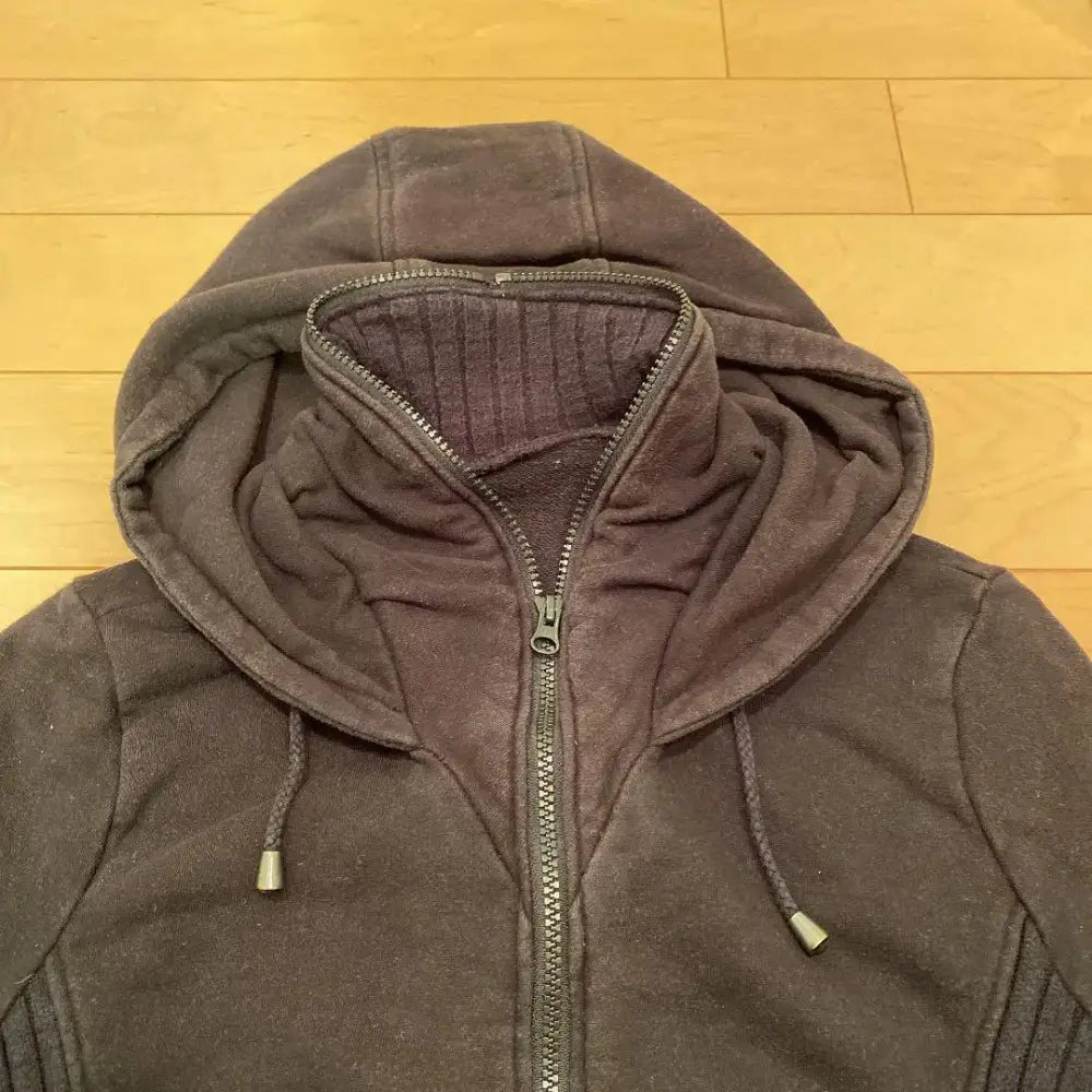 American Harajuku Retro Black Zipper Hoodie Womens Gothic Collar Long Sleeve Folded Hoodie Fashion Hip Hop Winter