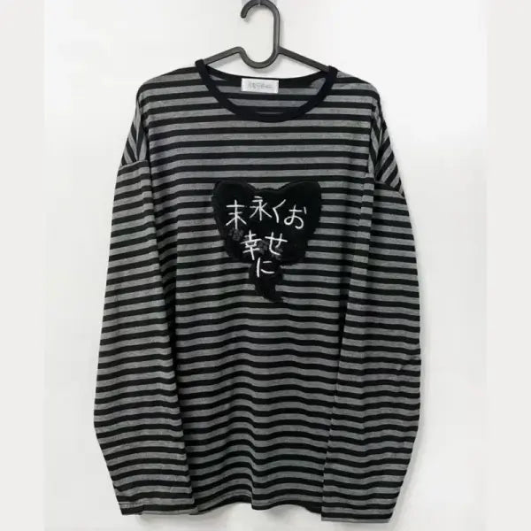 American Punk Vintage Long Sleeve T-Shirt – O-Neck Striped Harajuku Embroidery Y2K High Street Tee - gray / M