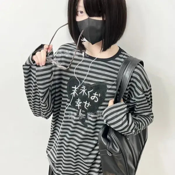 American Punk Vintage Long Sleeve T-Shirt – O-Neck Striped Harajuku Embroidery Y2K High Street Tee