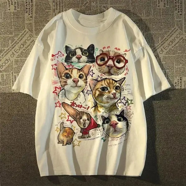 American Retro Cartoon Cat T-Shirt – Women’s Summer Loose Fit Graphic Y2K Short Sleeve Top